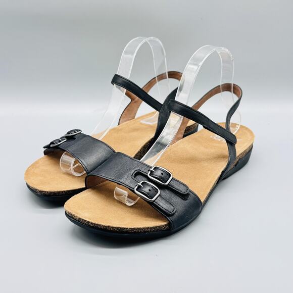 Dansko Sandals Womens 11.5 Black Leather Slingback Low Wedge Buckle Comfort - Picture 4 of 13